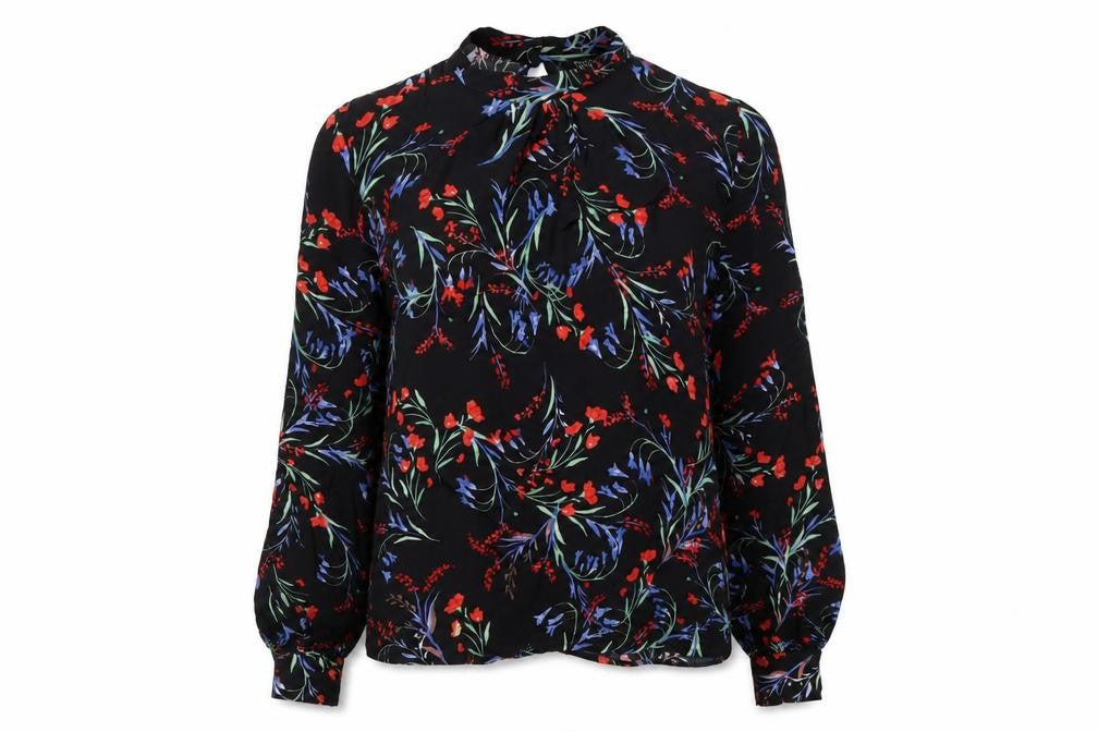 Front view of Topshop women’s multicoloured floral viscose basic blouse, size UK 6, round neck