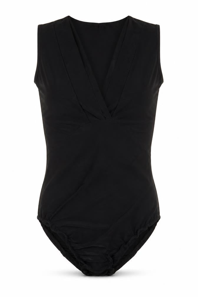 Front view of Boohoo women’s black polyester bodysuit one-piece, size UK 8, snap