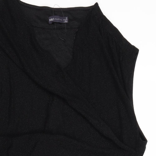 Marks and Spencer Womens Black Polyamide Basic T-Shirt Size 24 V-Neck - Ruched Front