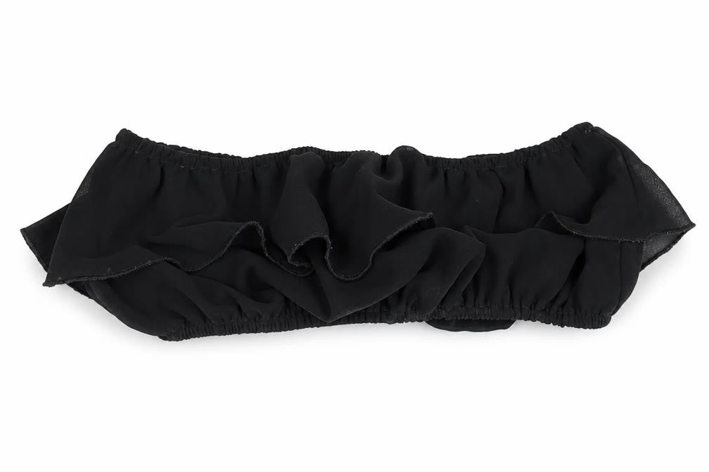 Front view of PRETTYLITTLETHING women’s black polyester cropped tank, size UK 4, off the shoulder