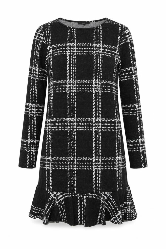 Front view of Next women’s grey check polyester jumper dress, size UK 10, round neck pullover