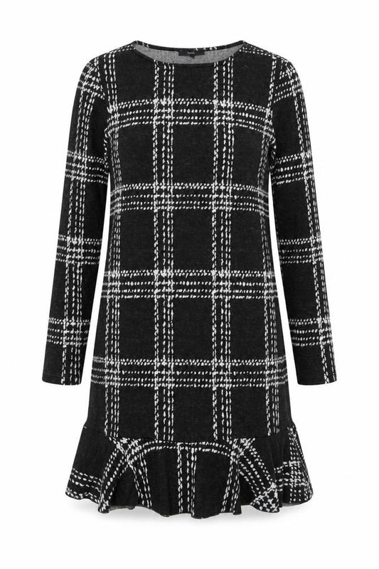 Front view of Next women’s grey check polyester jumper dress, size UK 10, round neck pullover