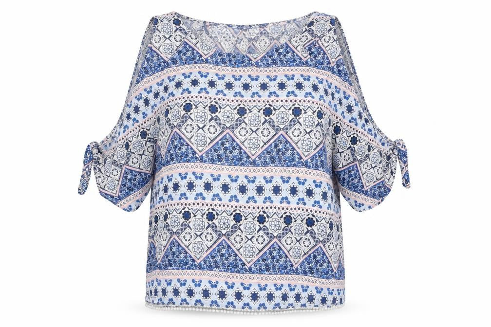 Front view of Divided by H&M women’s blue geometric viscose basic blouse, size UK 10, round neck - cold shoulder