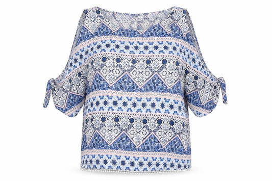 Front view of Divided by H&M women’s blue geometric viscose basic blouse, size UK 10, round neck - cold shoulder