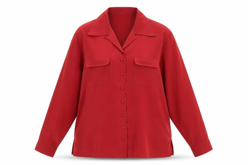 Front view of Essentials women’s red polyester basic button-up, size UK 10, collared
