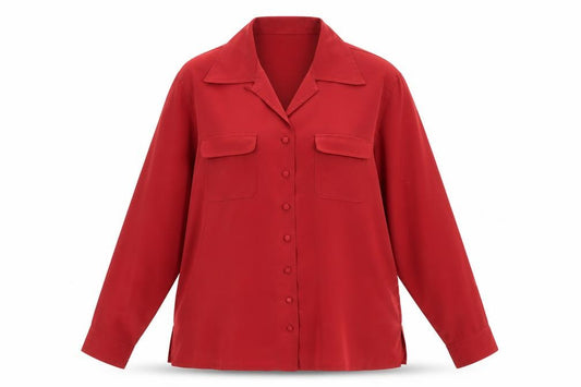 Front view of Essentials women’s red polyester basic button-up, size UK 10, collared