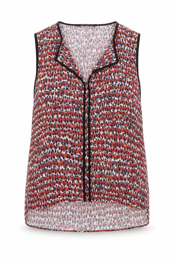 Front view of Zara women’s red geometric polyester basic tank, size M, v-neck