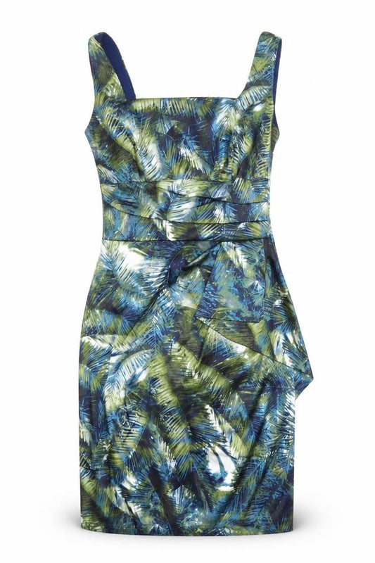 Front view of London Times women’s multicoloured geometric polyester shift, size UK 10, square neck zip