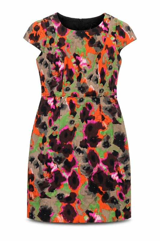 Front view of Next women’s multicoloured floral linen a-line, size UK 8, round neck zip