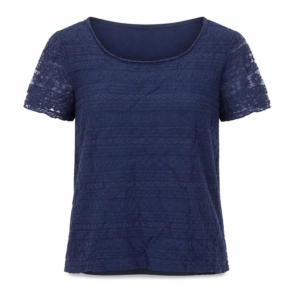 Front view of Oasis women’s blue geometric cotton basic t-shirt, size M, round neck