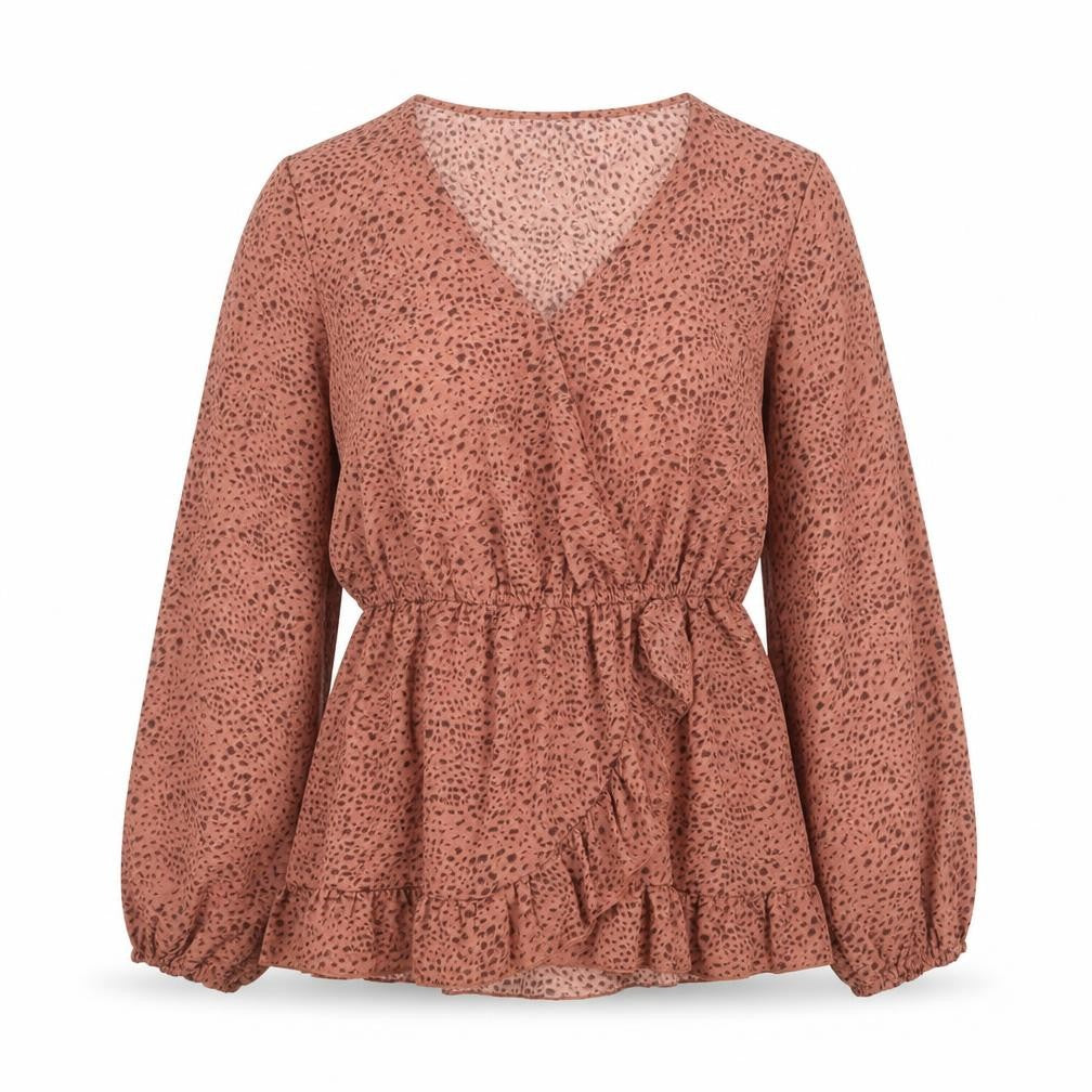 Front view of Tenki women’s pink geometric polyester basic blouse, size M, v-neck -, size M/l