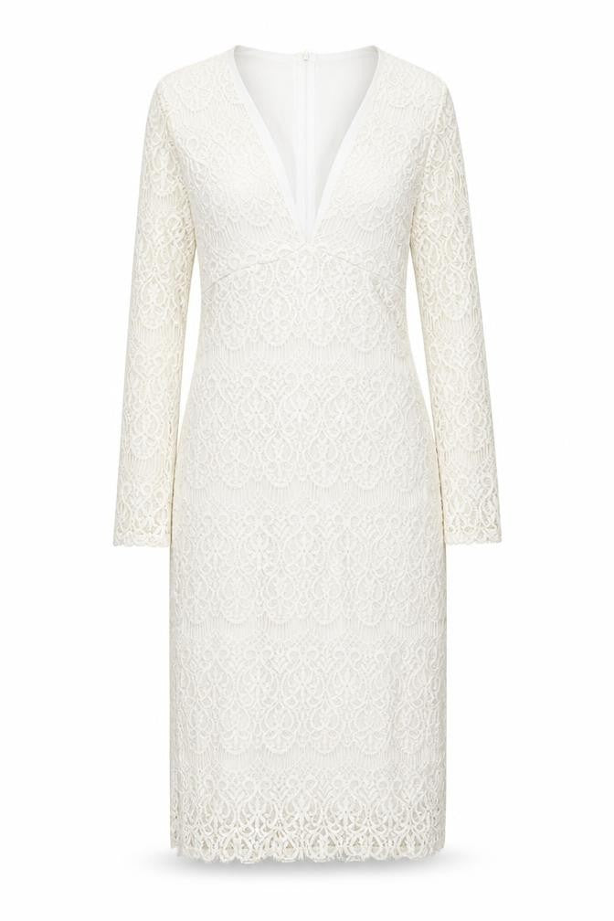 Front view of Edge women’s ivory polyester shift, size UK 12, v-neck zip