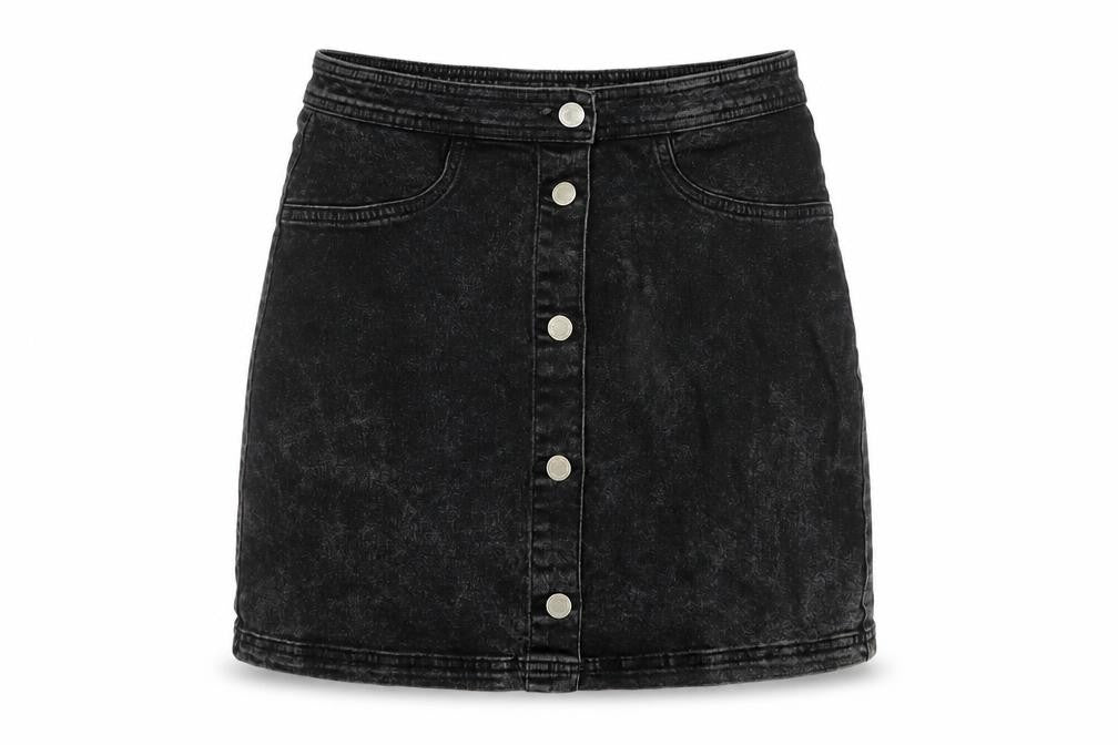 Front view of H&M girls’ black cotton mini skirt, size 14, years regular button