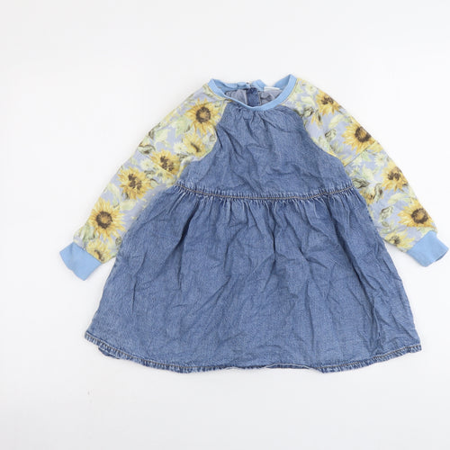 NEXT Girls Beige Geometric Cotton A-Line Size 4 Years Round Neck Button - Sunflowers Print