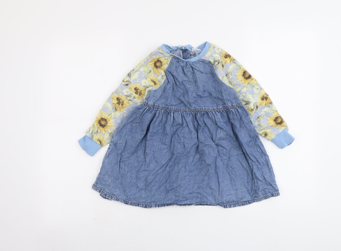 NEXT Girls Beige Geometric Cotton A-Line Size 4 Years Round Neck Button - Sunflowers Print