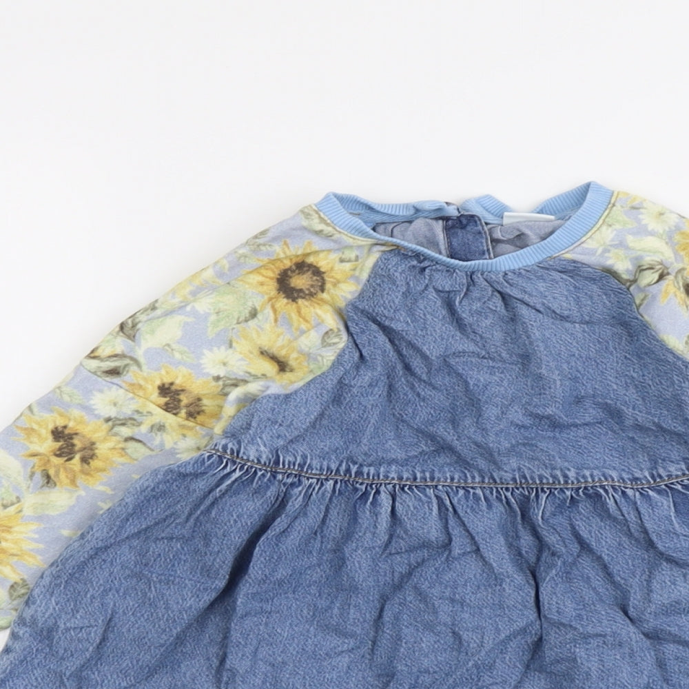 NEXT Girls Beige Geometric Cotton A-Line Size 4 Years Round Neck Button - Sunflowers Print