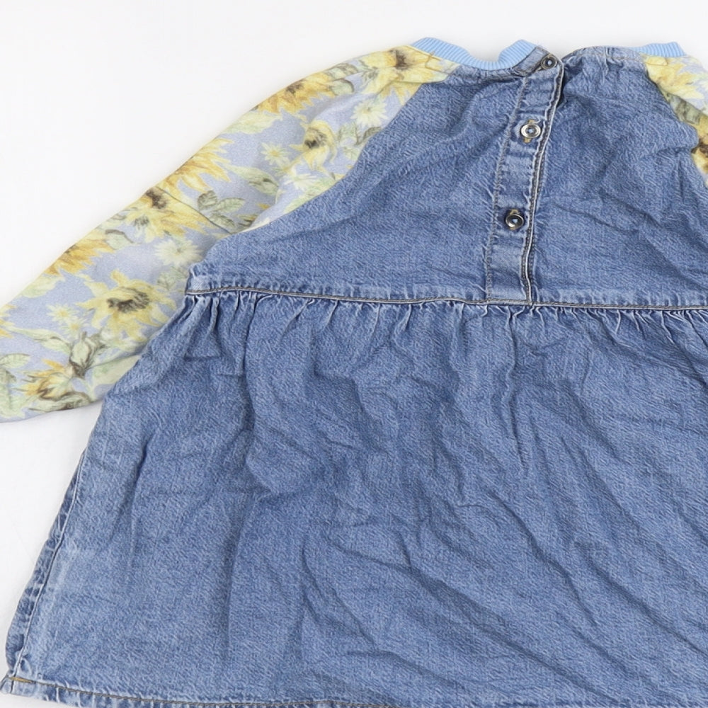 NEXT Girls Beige Geometric Cotton A-Line Size 4 Years Round Neck Button - Sunflowers Print