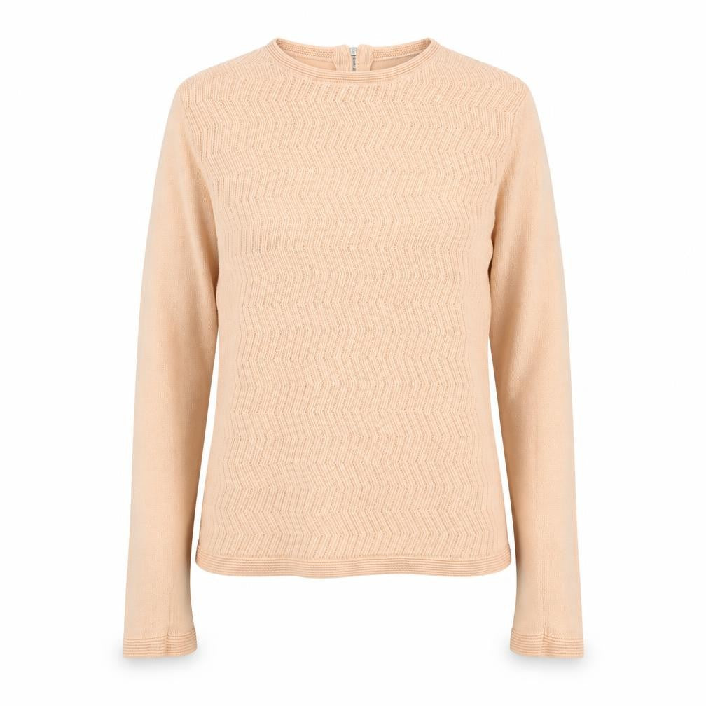 Front view of Marks & Spencer women’s orange round neck geometric acrylic jumper, size UK 10