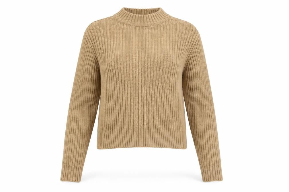 Front view of H&M women’s beige mock neck acrylic jumper, size S