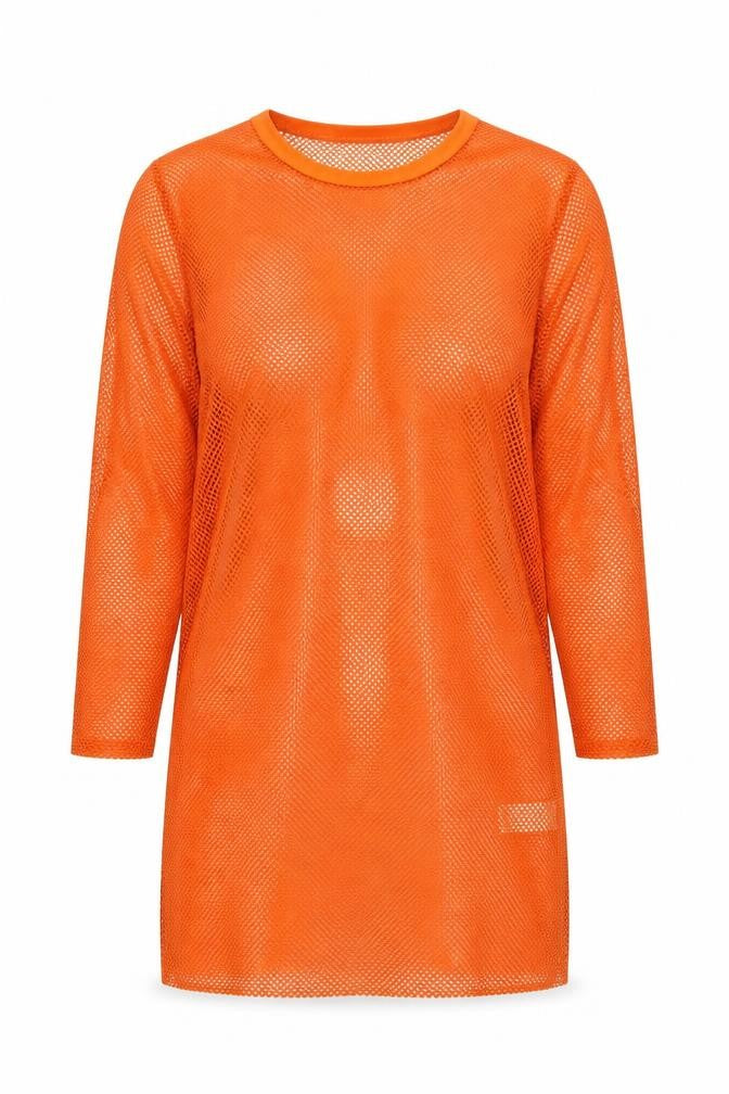 Front view of Missguided women’s orange polyester tunic blouse, size UK 4, round neck