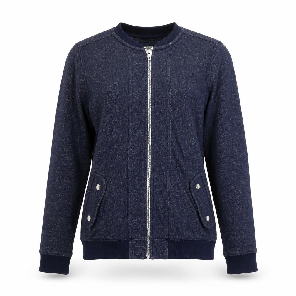 Front view of Next women’s blue cotton full zip sweatshirt, size UK 8, zip