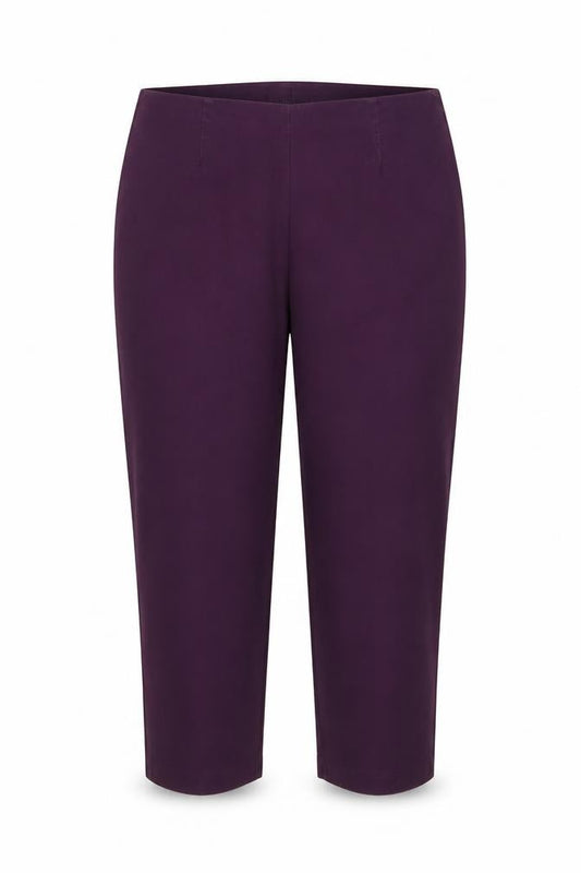 Front view of Marks & Spencer women’s purple cotton trousers, size UK 14, 21-inch leg regular zip