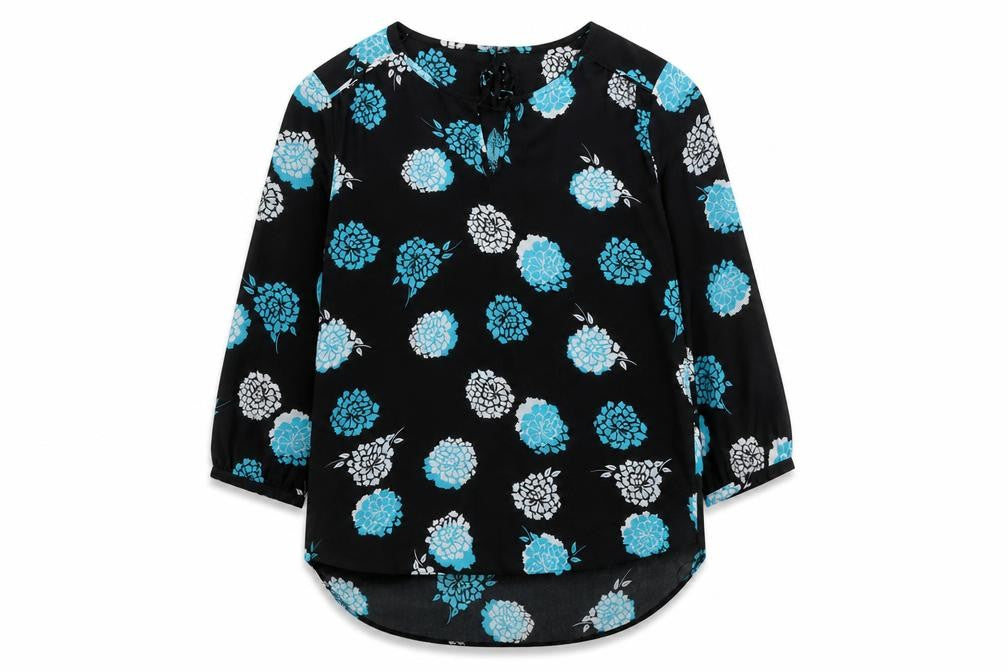 Front view of Debenhams women’s black floral polyester basic blouse, size UK 12, round neck