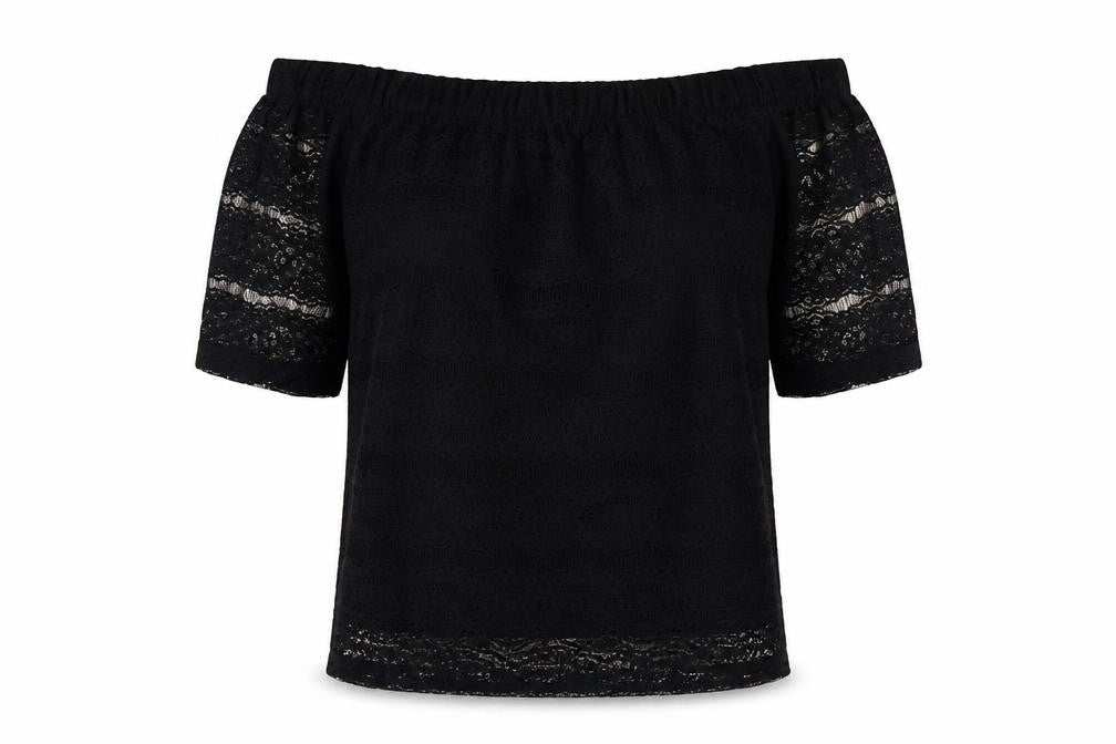 Front view of Dorothy Perkins women’s black polyester basic blouse, size UK 8, off the shoulder