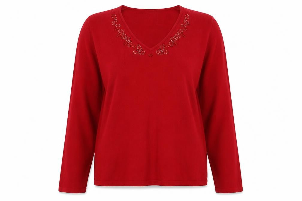 Front view of Gerry Weber women’s red v-neck viscose jumper, size UK 12