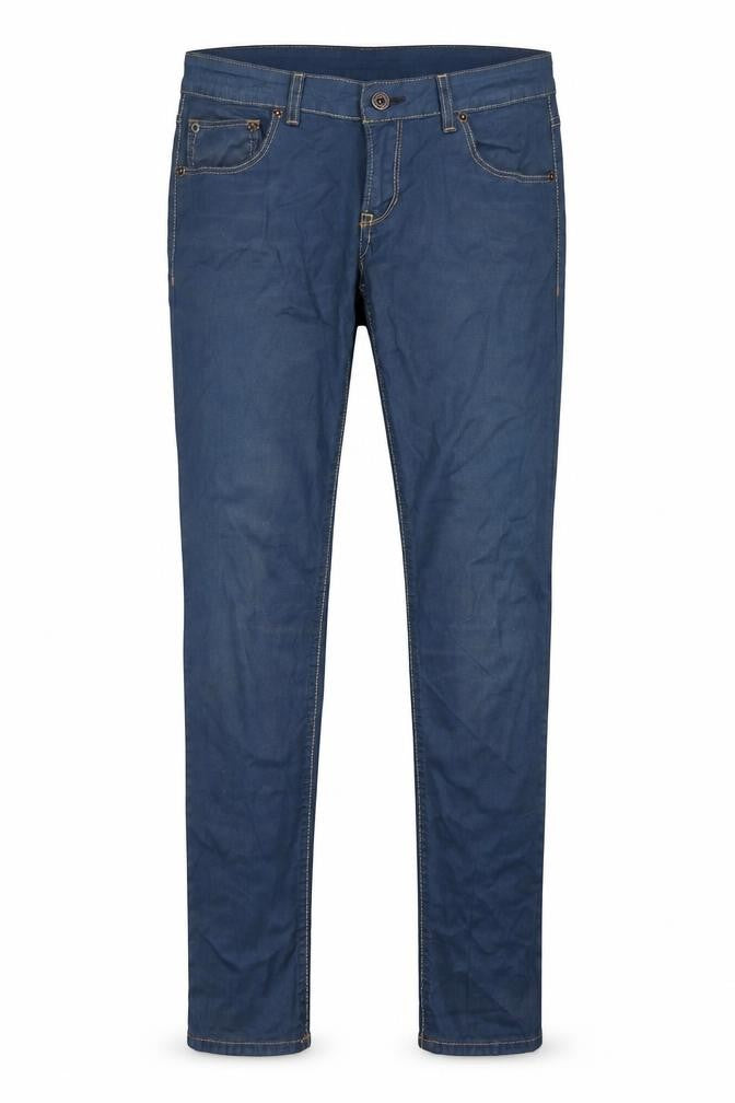 Front view of Gsus Sindustries women’s blue cotton straight jeans, size UK 14, regular zip