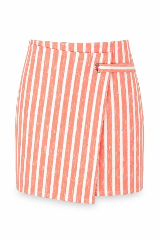 Front view of PRETTYLITTLETHING women’s orange striped polyester bandage skirt, size UK 10