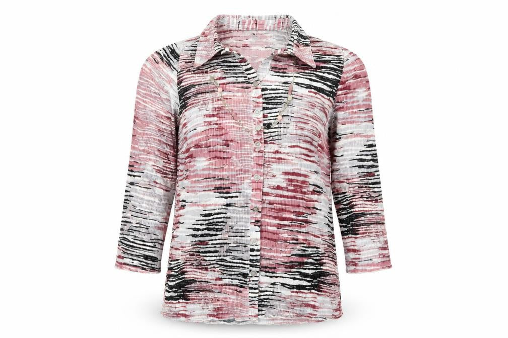 Front view of Anna Rose women’s pink geometric polyester basic button-up, size S, collared