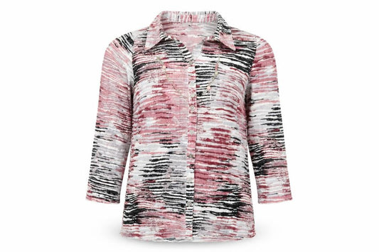 Front view of Anna Rose women’s pink geometric polyester basic button-up, size S, collared