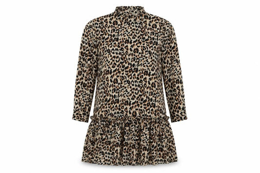 Front view of ASOS women’s brown animal print polyester skater dress, size UK 8, round neck button - leopard pattern