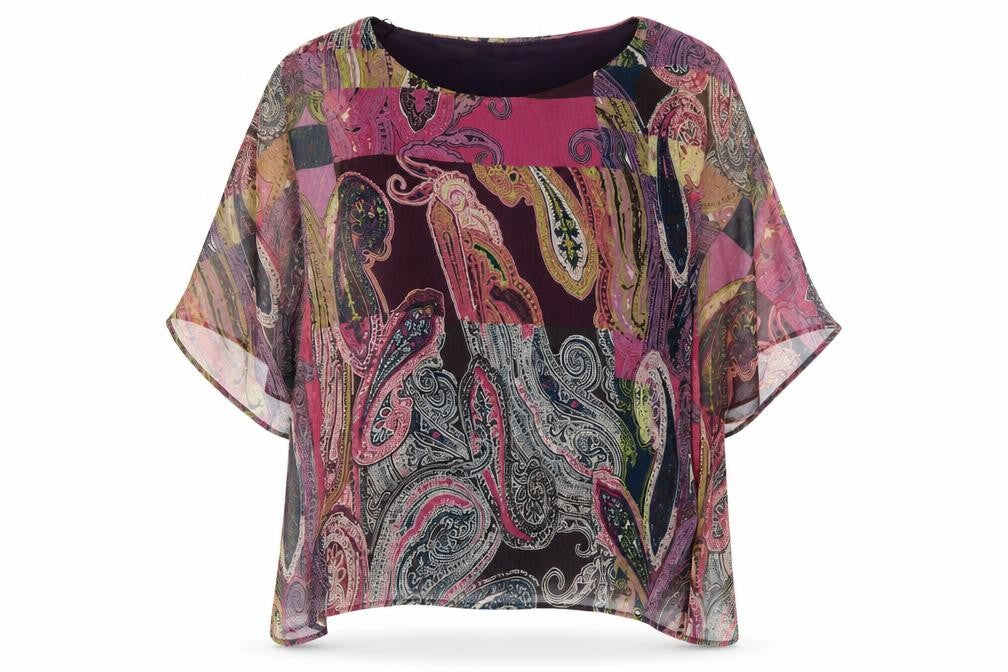 Front view of Country Casuals women’s purple geometric polyester basic blouse, size S, round neck