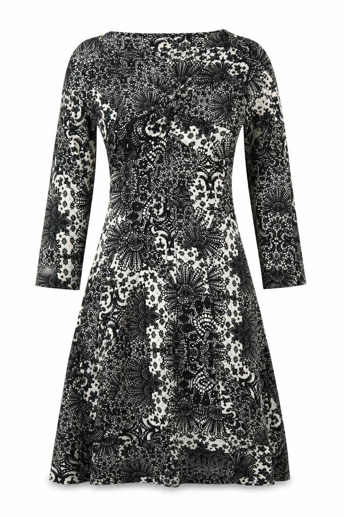 Front view of Debenhams women’s black geometric viscose trapeze & swing, size UK 8, round neck pullover