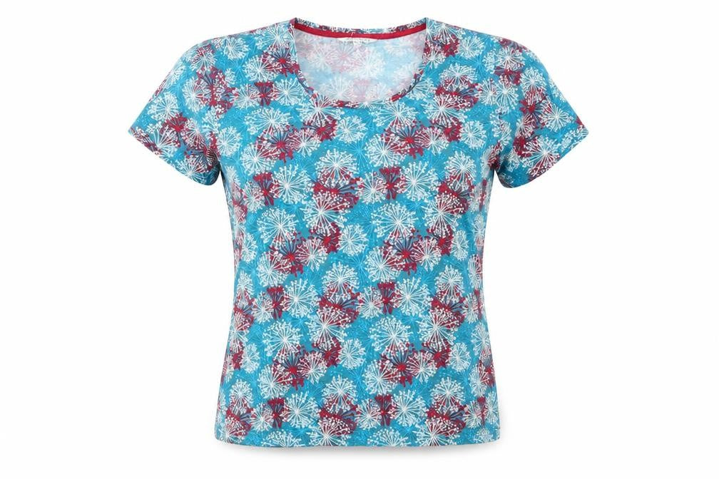 Front view of Tulchan women’s blue geometric viscose basic t-shirt, size UK 14, round neck