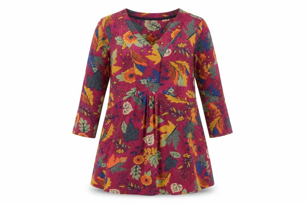 Front view of EWM women’s red geometric cotton trapeze & swing, size S, round neck pullover - leaf pattern