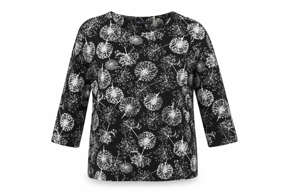Front view of Marks & Spencer women’s black geometric polyester basic blouse, size UK 12, round neck - dandelions print