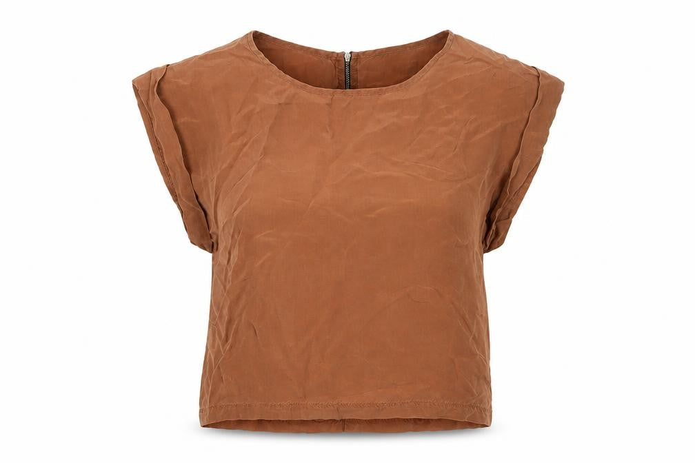Front view of Topshop women’s brown cupro basic blouse, size UK 8, round neck