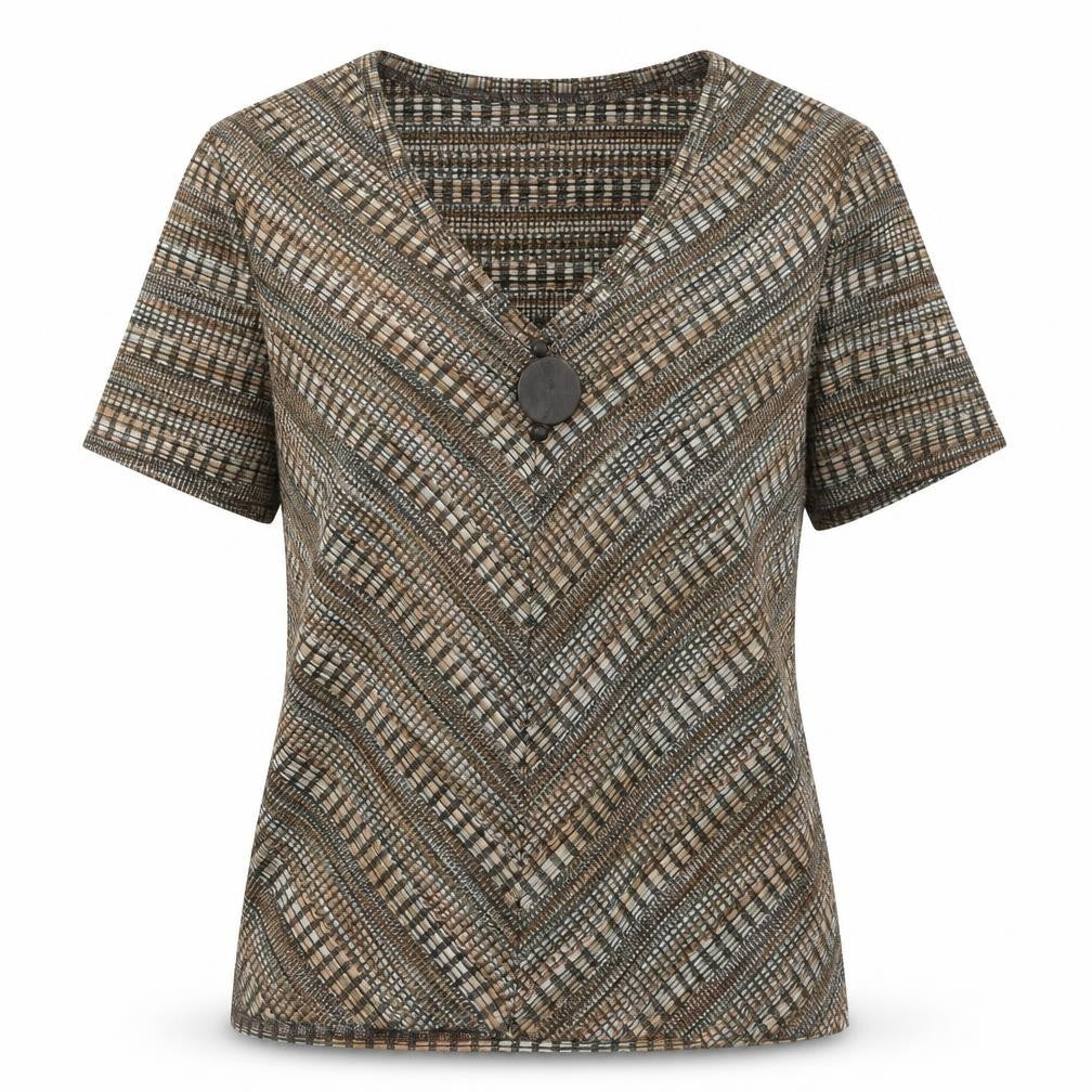 Front view of Country Casuals women’s brown geometric polyester basic t-shirt, size L, v-neck