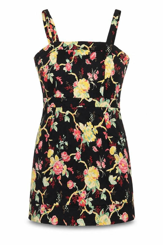 Front view of Union Boutique women’s black floral cotton a-line, size UK 14, square neck zip