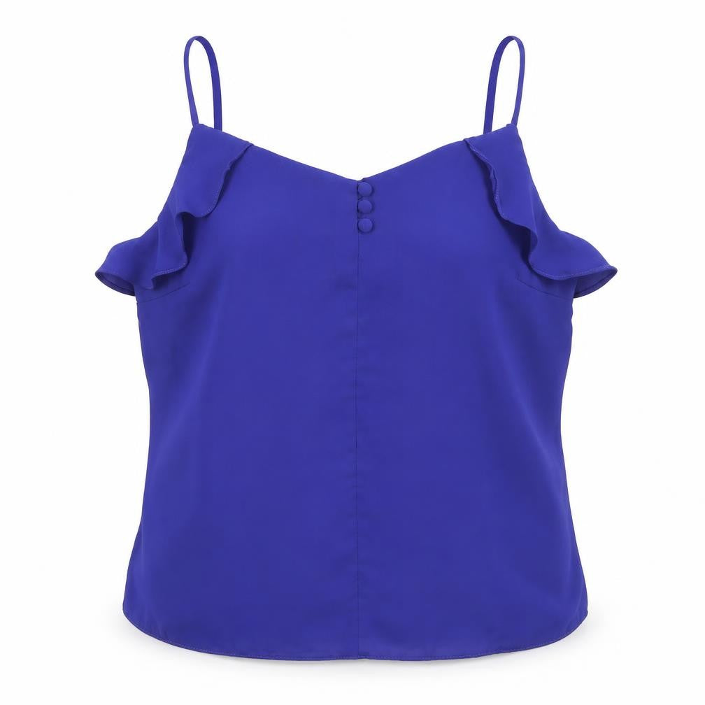 Front view of Dorothy Perkins women’s blue polyester basic tank, size UK 16, v-neck
