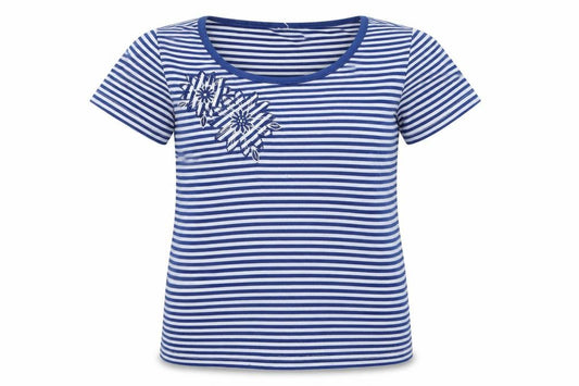 Front view of Bonmarché women’s blue striped polyester basic t-shirt, size S, round neck