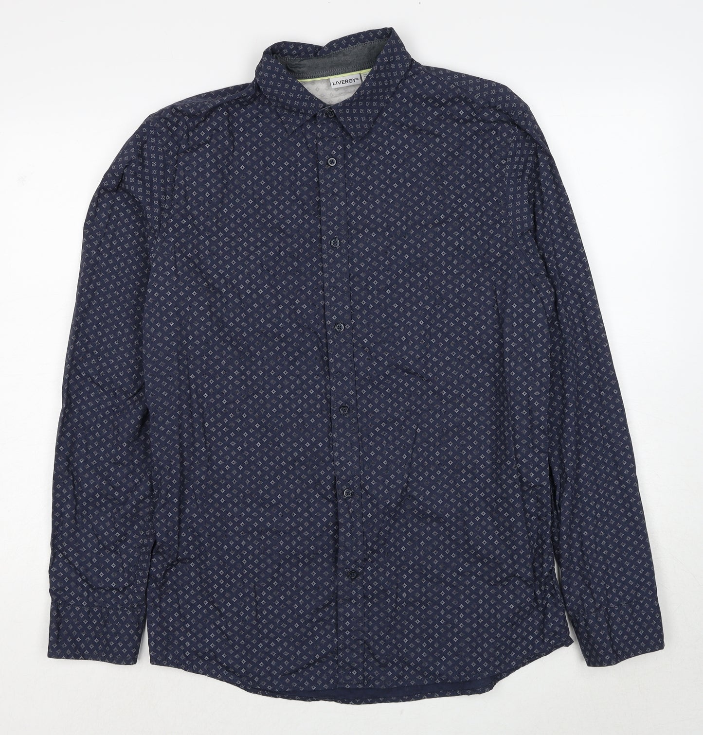 Livergy Mens Blue Geometric Cotton Button-Up Size 15.5 Collared Button - Collar 15½''