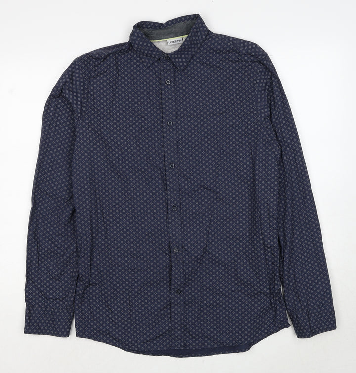 Livergy Mens Blue Geometric Cotton Button-Up Size 15.5 Collared Button - Collar 15½''