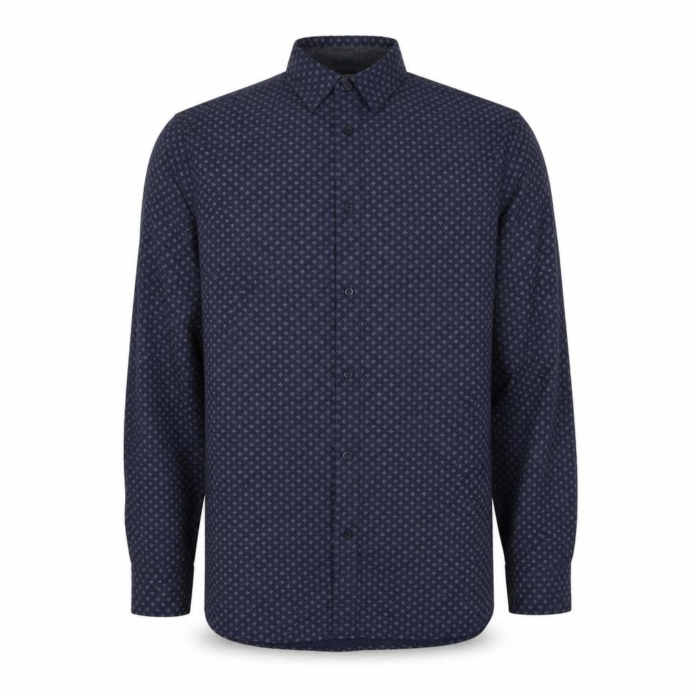 Front view of Livergy men’s blue geometric cotton button-up, size 15.5 collared button - collar 151⁄2''