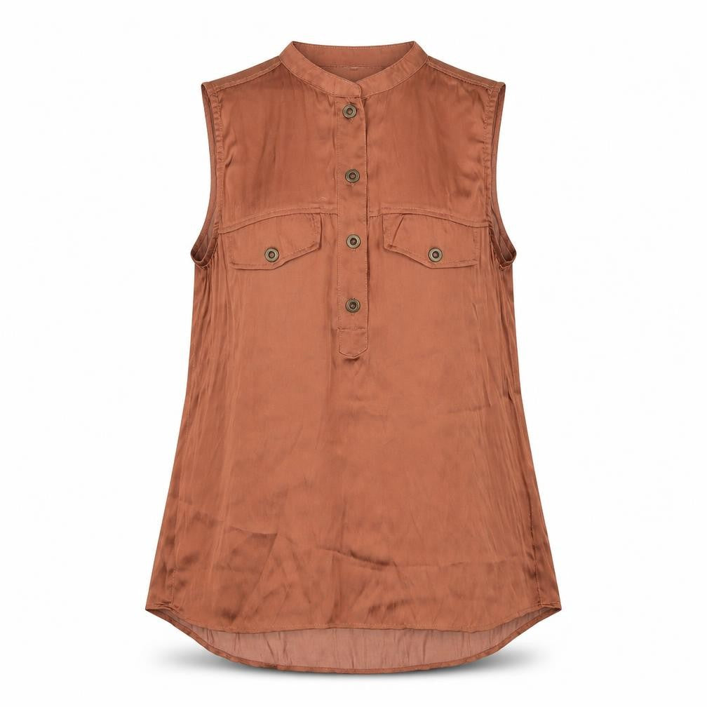 Front view of H&M women’s brown polyester basic blouse, size UK 8, round neck