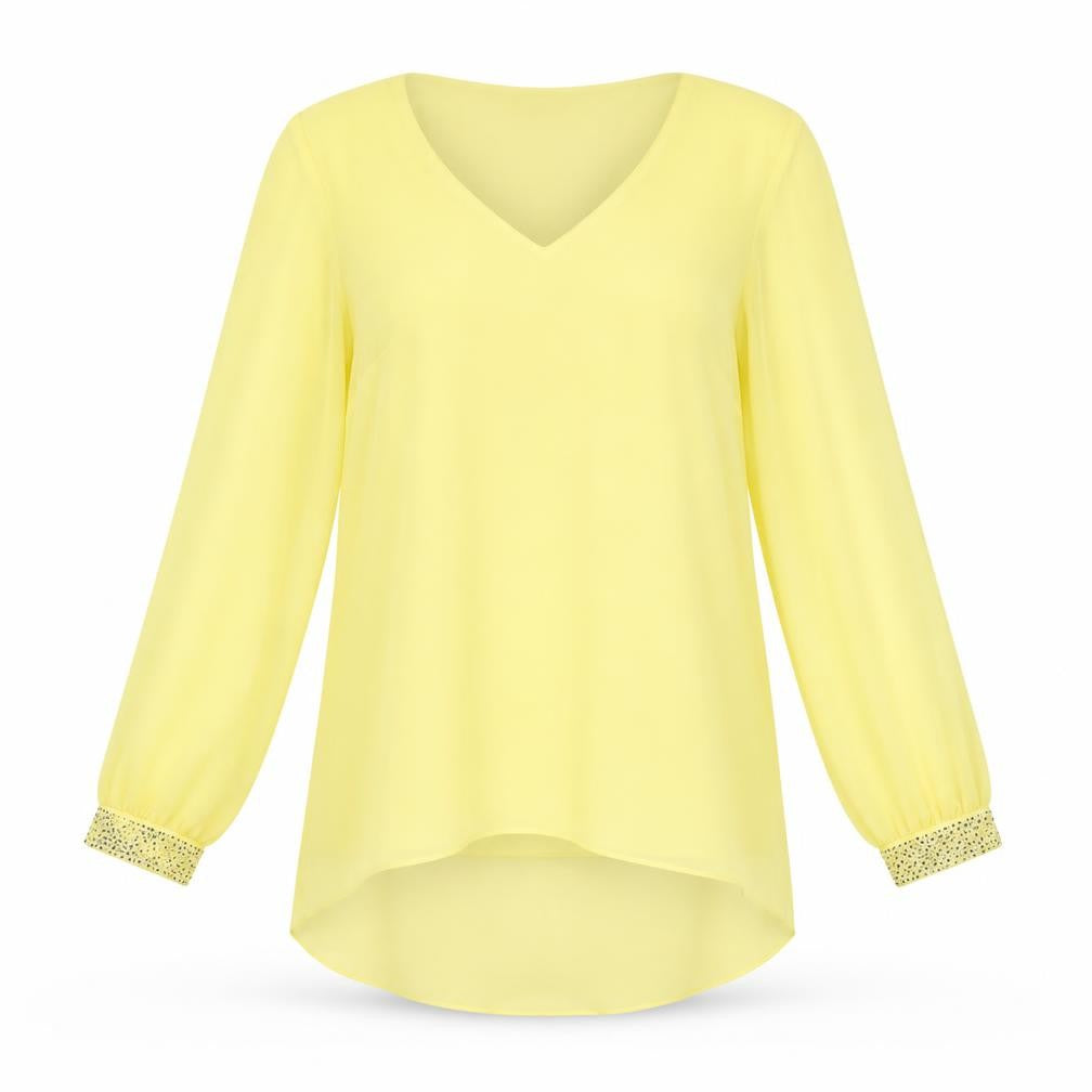 Front view of Wallis women’s yellow polyester basic blouse, size UK 8, v-neck