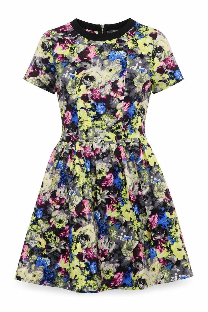 Influence Womens Multicoloured Floral Polyester Skater Dress Size 10 Round Neck Zip